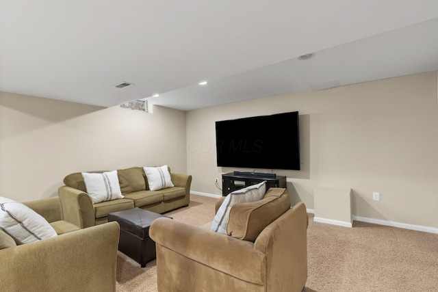 living room featuring recessed lighting, light carpet, visible vents, and baseboards