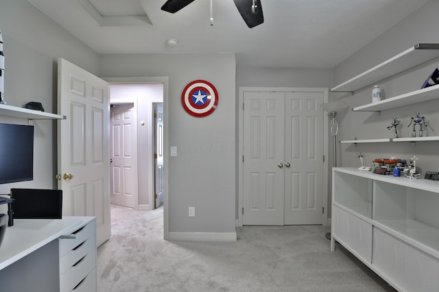 6185 Pollard Place Dr, Hilliard, OH 43026 - bedroom with light carpet, a closet, baseboards, and a ceiling fan