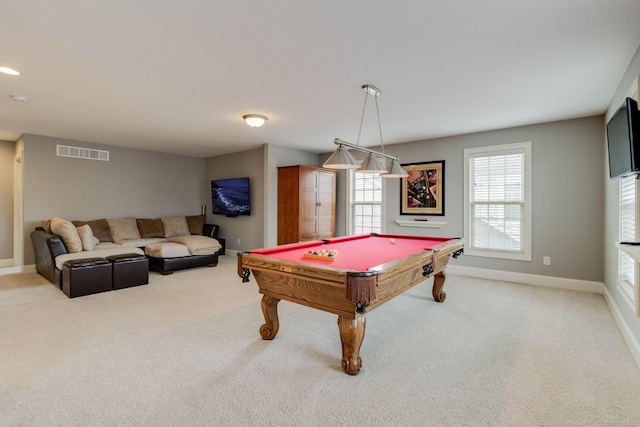 recreation room with visible vents, baseboards, billiards, and carpet floors