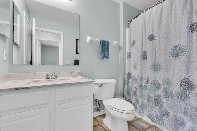 full bathroom with toilet, a shower with shower curtain, tile patterned flooring, and vanity