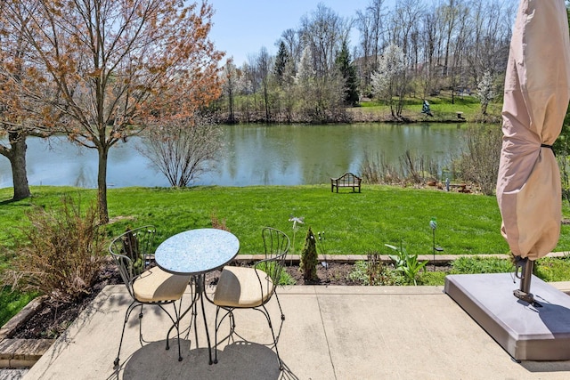 view of patio / terrace featuring a water view
