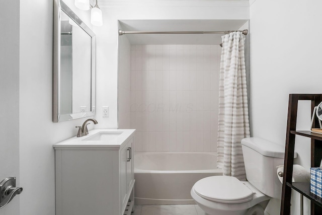 full bath with toilet, vanity, and shower / bath combination with curtain