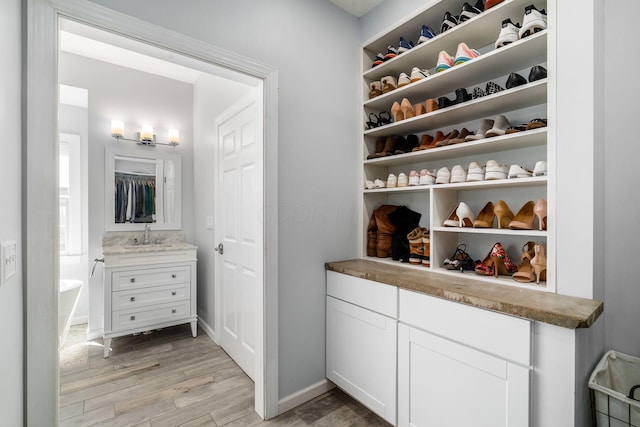 spacious closet featuring light wood-style flooring and a sink