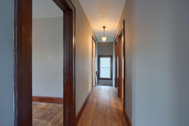 hallway with baseboards and wood finished floors