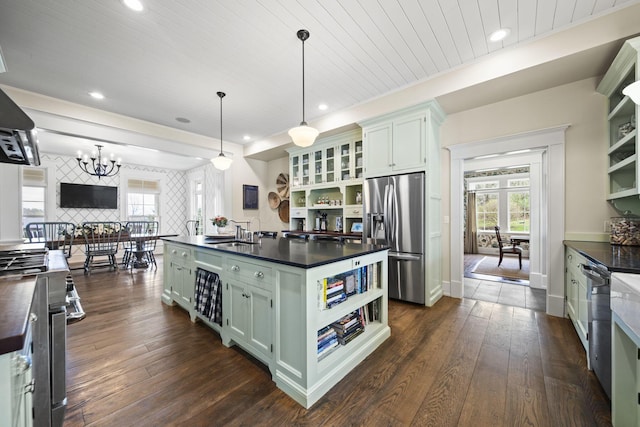 kitchen with dark countertops, open shelves, and stainless steel refrigerator with ice dispenser