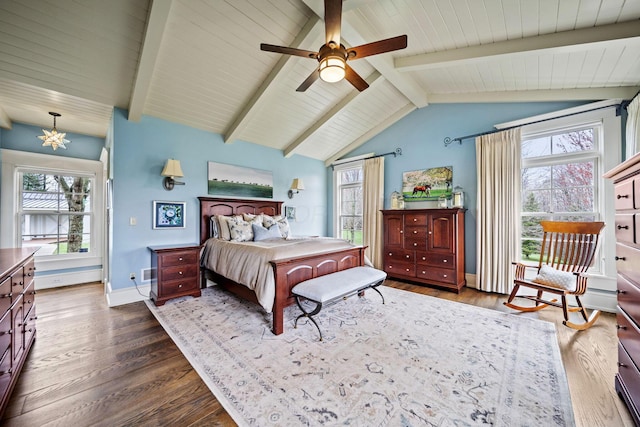 bedroom with dark wood-style flooring, baseboards, ceiling fan with notable chandelier, and lofted ceiling with beams