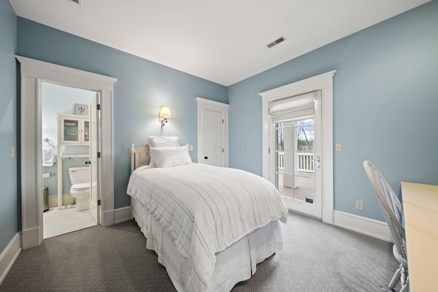 carpeted bedroom featuring visible vents, access to exterior, baseboards, and connected bathroom
