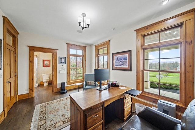 office with a chandelier, baseboards, and dark wood finished floors