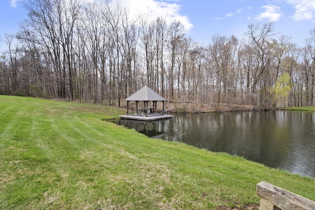 dock area featuring a water view and a lawn