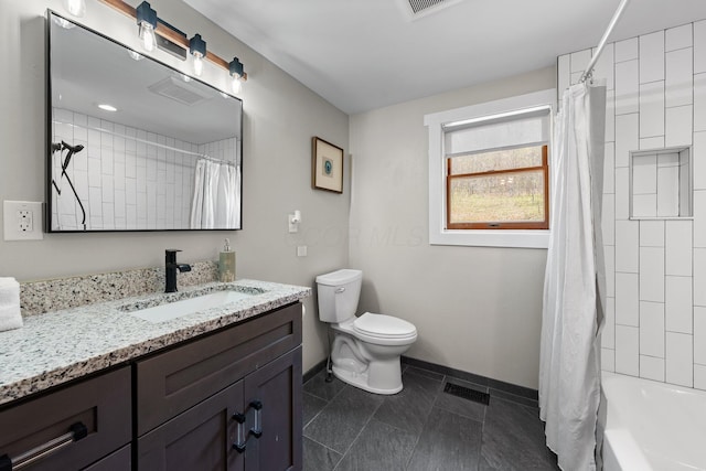 19990 Sowers Rd, Laurelville, OH 43135 - full bathroom with toilet, vanity, baseboards, visible vents, and shower / tub combo
