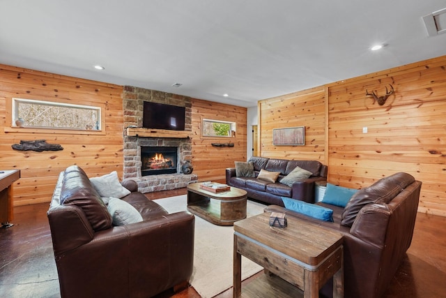 19990 Sowers Rd, Laurelville, OH 43135 - living area with recessed lighting, wood walls, and a fireplace
