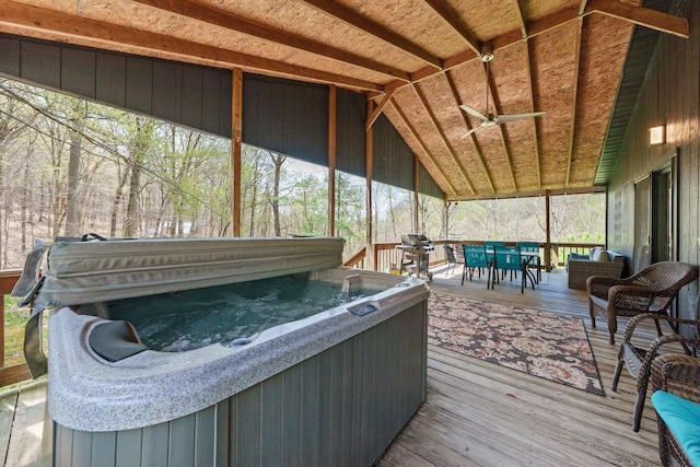 19990 Sowers Rd, Laurelville, OH 43135 - sunroom with outdoor dining area, ceiling fan, a wealth of natural light, and a hot tub