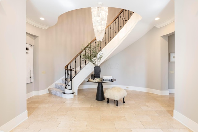 2 Albery Loop, New Albany, OH 43054 - stairs featuring ornamental molding, baseboards, recessed lighting, and an inviting chandelier