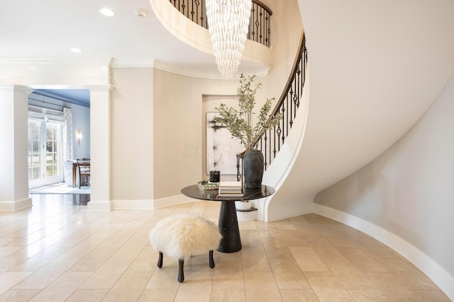 2 Albery Loop, New Albany, OH 43054 - entrance foyer with recessed lighting, crown molding, baseboards, and an inviting chandelier