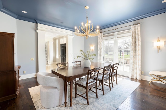 2 Albery Loop, New Albany, OH 43054 - dining space featuring baseboards, a chandelier, dark wood finished floors, crown molding, and recessed lighting