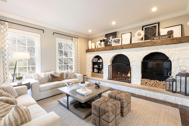 2 Albery Loop, New Albany, OH 43054 - living room featuring plenty of natural light, a stone fireplace, ornamental molding, and wood finished floors
