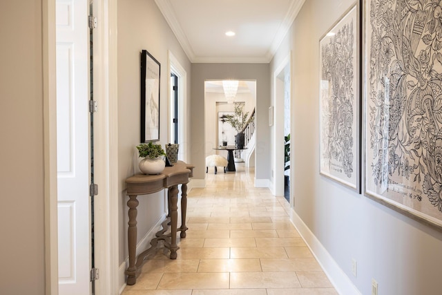 2 Albery Loop, New Albany, OH 43054 - hall with ornamental molding, light tile patterned floors, baseboards, and recessed lighting