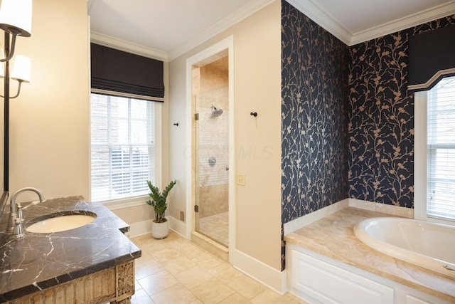 2 Albery Loop, New Albany, OH 43054 - bathroom with a bath, ornamental molding, a sink, and a stall shower
