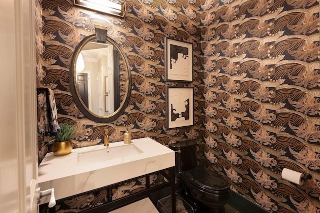 2 Albery Loop, New Albany, OH 43054 - half bathroom featuring toilet, wallpapered walls, and a sink