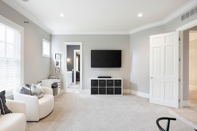 2 Albery Loop, New Albany, OH 43054 - living room featuring recessed lighting, visible vents, light colored carpet, and ornamental molding