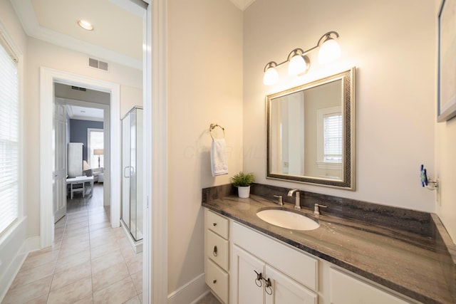 2 Albery Loop, New Albany, OH 43054 - full bathroom with tile patterned floors, visible vents, vanity, baseboards, and a stall shower