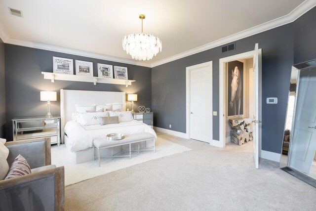 2 Albery Loop, New Albany, OH 43054 - bedroom with ornamental molding, visible vents, carpet flooring, and an inviting chandelier