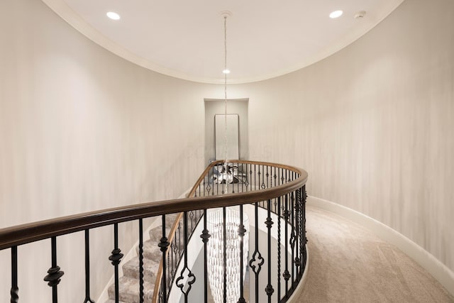 2 Albery Loop, New Albany, OH 43054 - corridor with recessed lighting, carpet, an upstairs landing, crown molding, and baseboards
