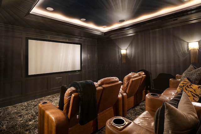 2 Albery Loop, New Albany, OH 43054 - cinema with crown molding, carpet floors, a raised ceiling, and a decorative wall