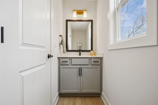 bathroom featuring baseboards, vanity, wood finished floors, and a wealth of natural light