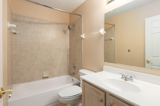 full bath with toilet, a textured ceiling, vanity, and shower / bathtub combination