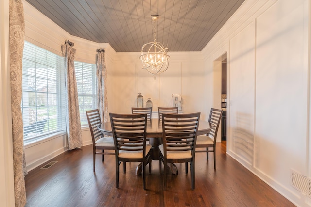 dining area featuring a chandelier, wooden ceiling, dark wood finished floors, and visible vents