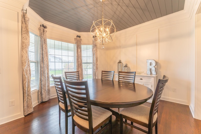 dining space featuring a decorative wall, wood ceiling, a chandelier, and dark wood-type flooring