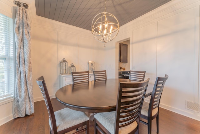 dining space featuring wooden ceiling, a notable chandelier, visible vents, and dark wood finished floors