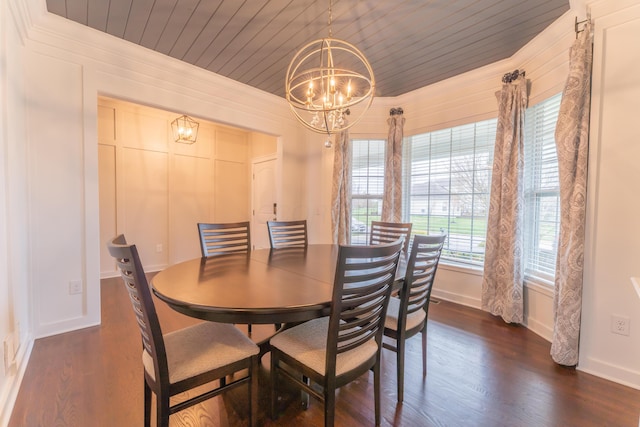 dining space with dark wood-type flooring, wood ceiling, a decorative wall, and an inviting chandelier