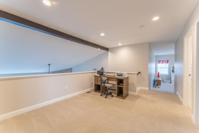 office space with baseboards, vaulted ceiling with beams, carpet flooring, and recessed lighting