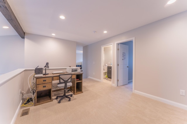 office featuring beamed ceiling, light colored carpet, visible vents, recessed lighting, and baseboards