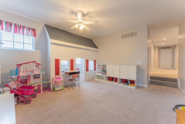 game room with carpet, visible vents, baseboards, and ceiling fan