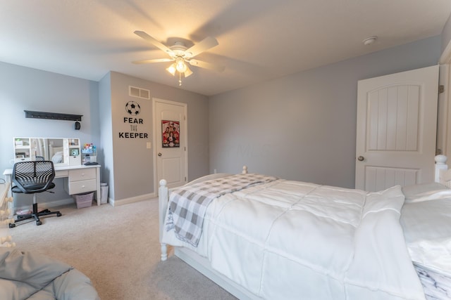 bedroom featuring visible vents, ceiling fan, light colored carpet, and baseboards