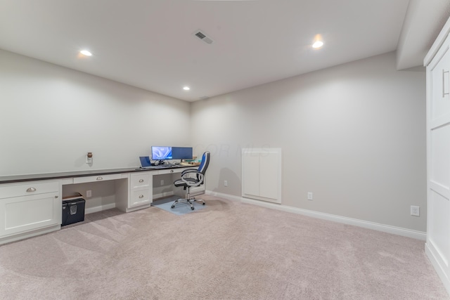 unfurnished office with visible vents, baseboards, recessed lighting, and carpet floors