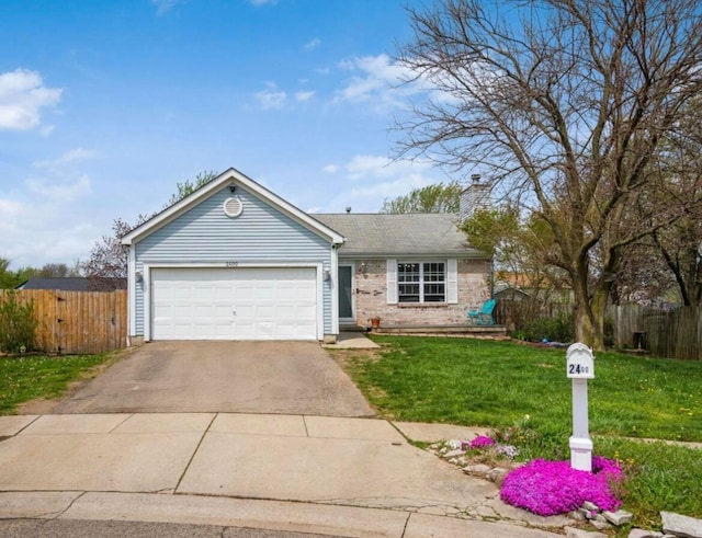 ranch-style house featuring a chimney, a front yard, fence, aphalt driveway, and an attached garage