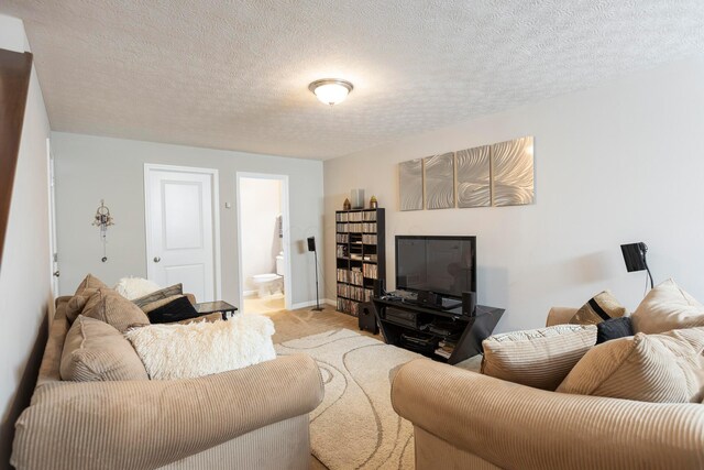 living room with a textured ceiling, baseboards, and light carpet