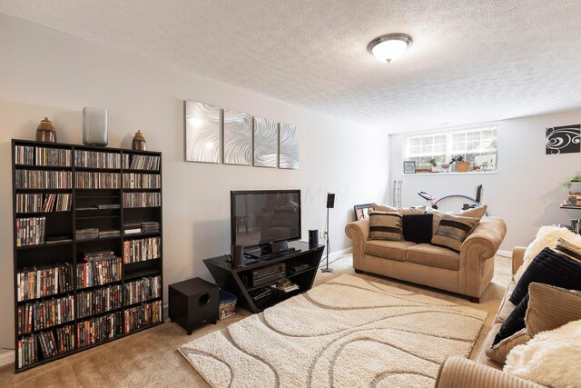living area featuring a textured ceiling and carpet floors