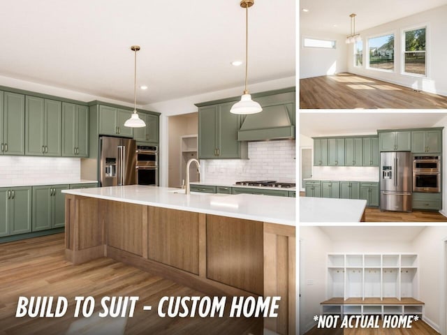 1736 Harvey Ln, Grove City, OH 43123 - kitchen featuring premium range hood, appliances with stainless steel finishes, and green cabinets