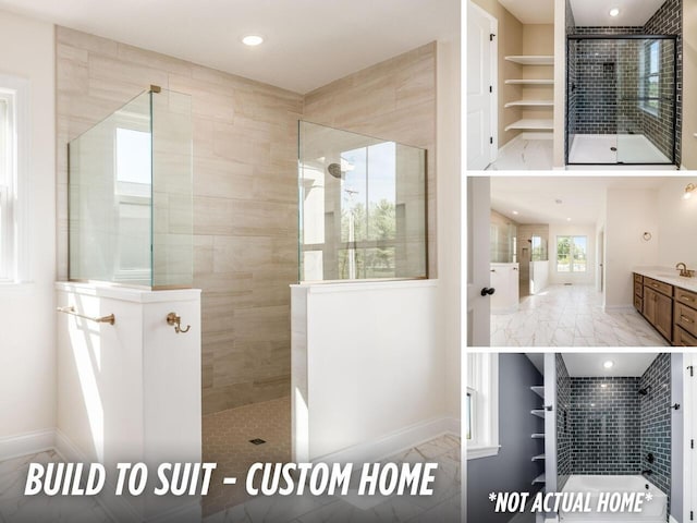 1736 Harvey Ln, Grove City, OH 43123 - bathroom with recessed lighting, marble finish floor, vanity, baseboards, and walk in shower