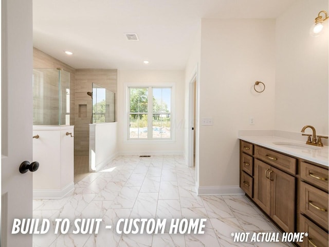 1736 Harvey Ln, Grove City, OH 43123 - bathroom with vanity, marble finish floor, a walk in shower, baseboards, and visible vents