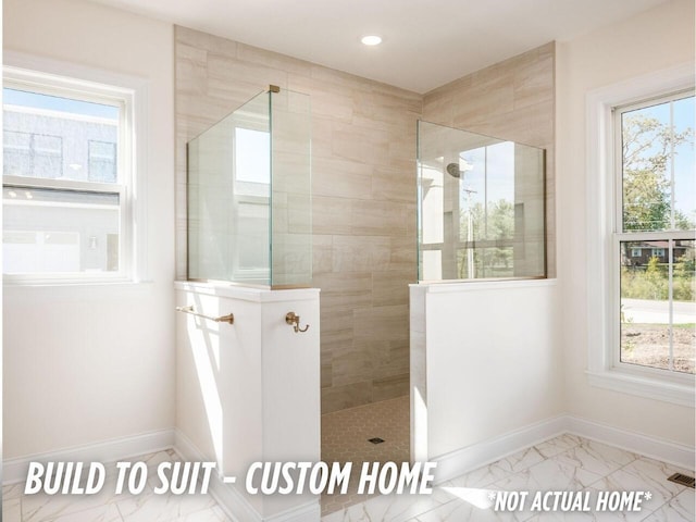 1736 Harvey Ln, Grove City, OH 43123 - full bathroom with walk in shower, marble finish floor, and baseboards