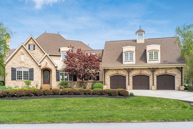 10577 Wellington Blvd, Powell, OH 43065 - french country inspired facade with stone siding, concrete driveway, and a front lawn