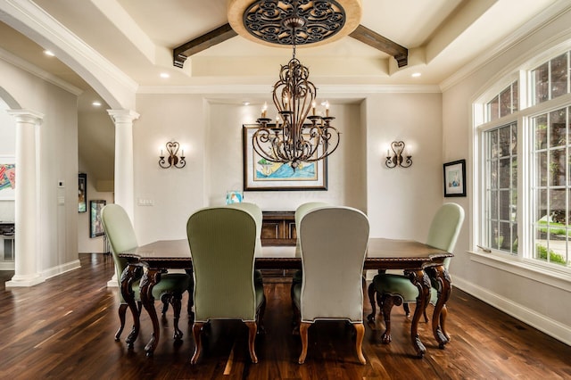 10577 Wellington Blvd, Powell, OH 43065 - dining room featuring ornate columns, wood finished floors, a chandelier, beam ceiling, and arched walkways