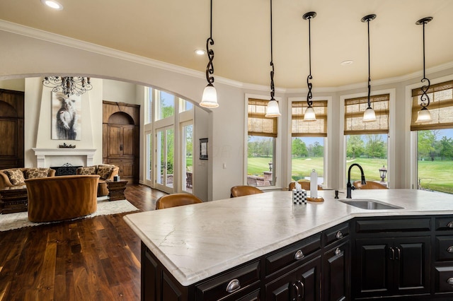10577 Wellington Blvd, Powell, OH 43065 - kitchen with a sink, open floor plan, dark wood-style flooring, ornamental molding, and light countertops