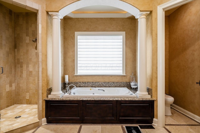10577 Wellington Blvd, Powell, OH 43065 - full bathroom with ornate columns, a shower stall, crown molding, a bath, and toilet